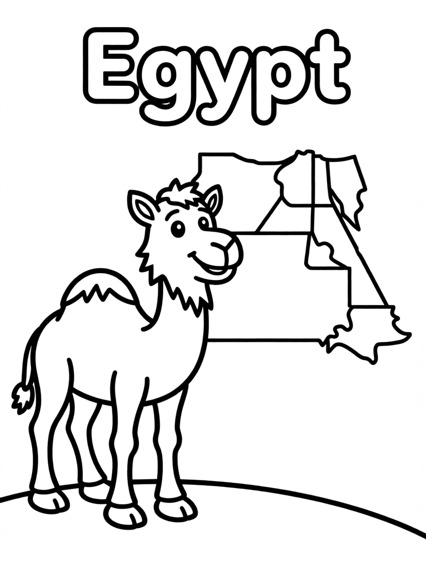 A cute camel, a simple outline map of Egypt, and the word "Egypt"