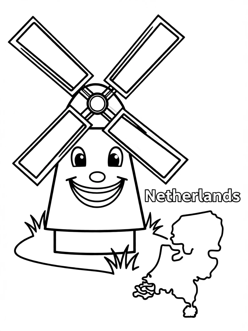 A happy windmill, a simple outline map of Netherlands, and the word "Netherlands"