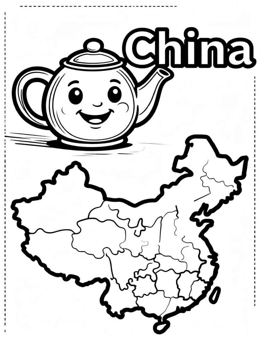 A happy teapot, a simple outline map of China, and the word "China"