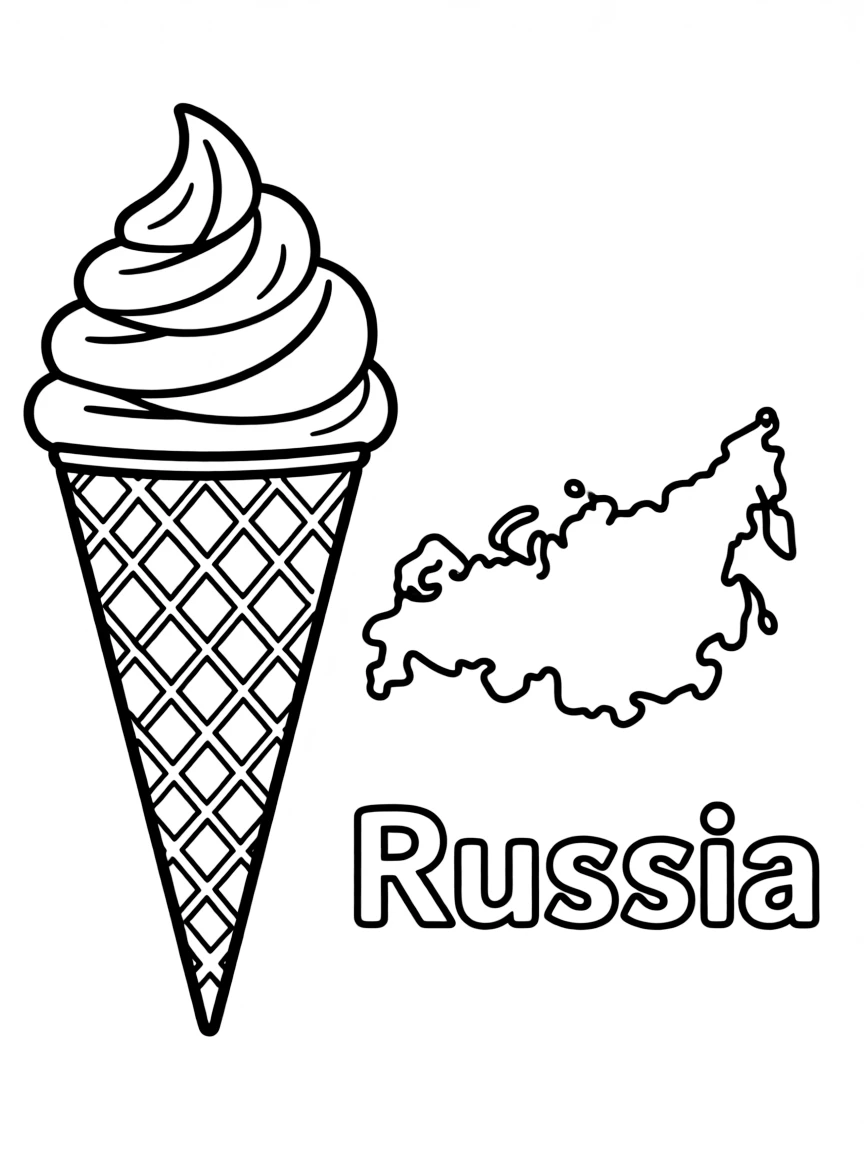 A cute ice cream cone, a simple outline map of Russia, and the word "Russia"