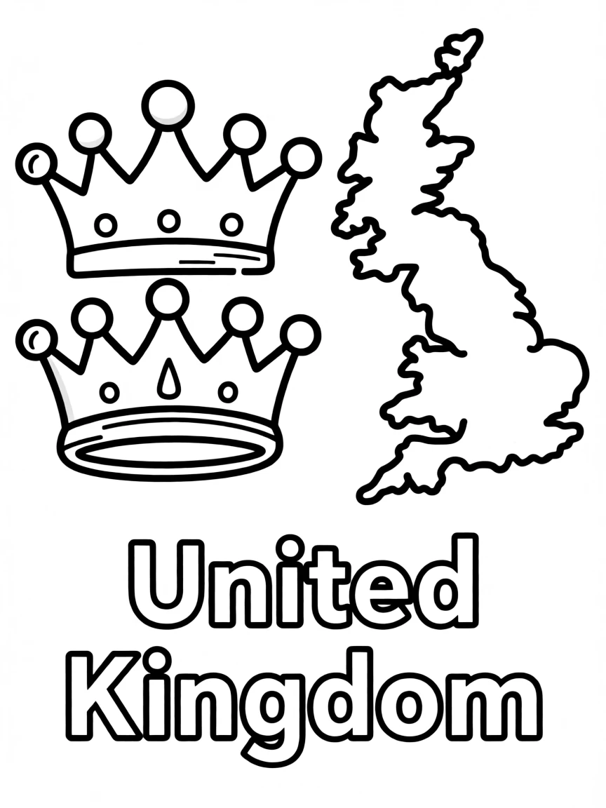 A small crown, a simple outline map of United Kingdom, and the word "United Kingdom"