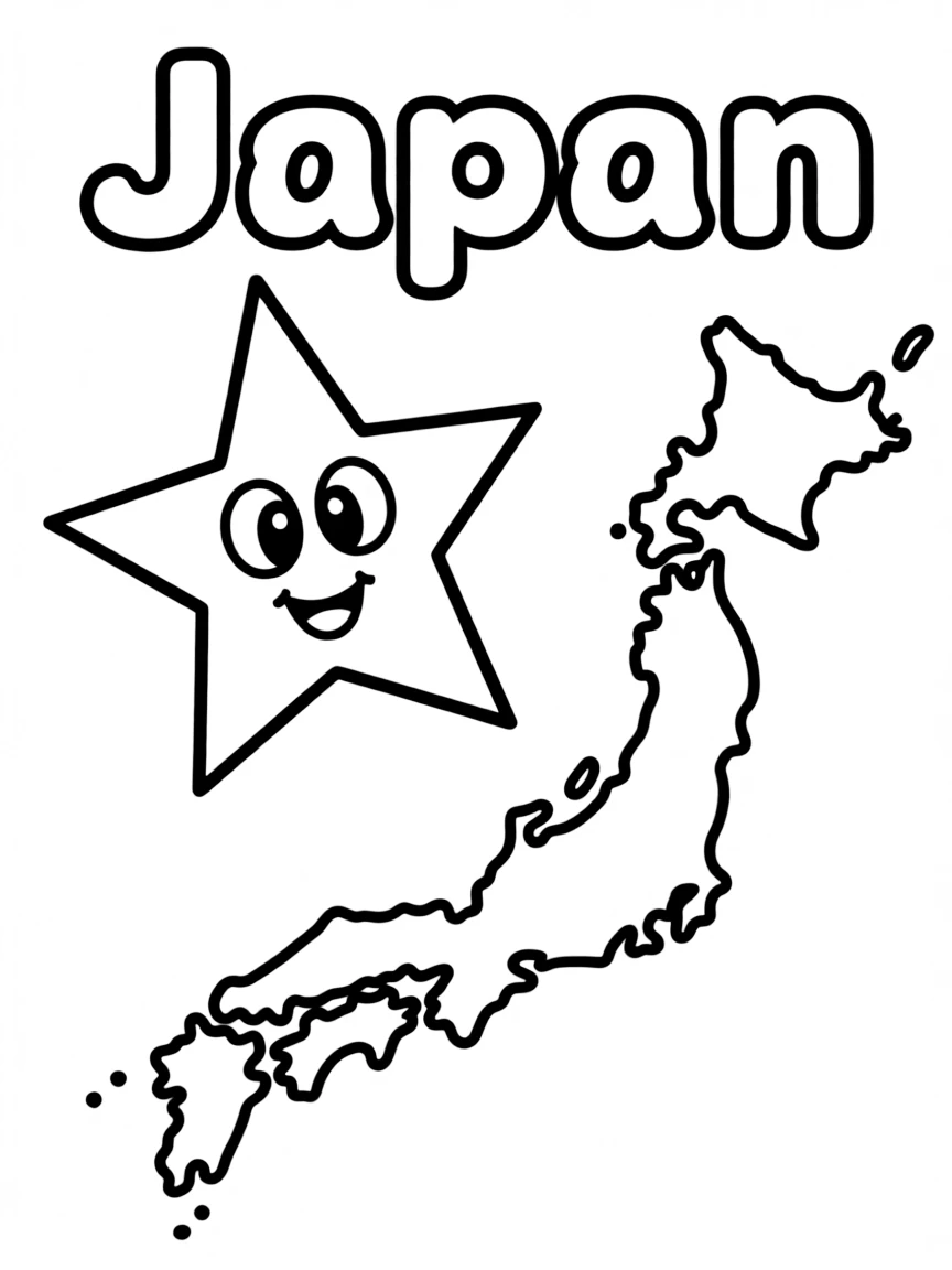A friendly ninja star, a simple outline map of Japan, and the word "Japan"