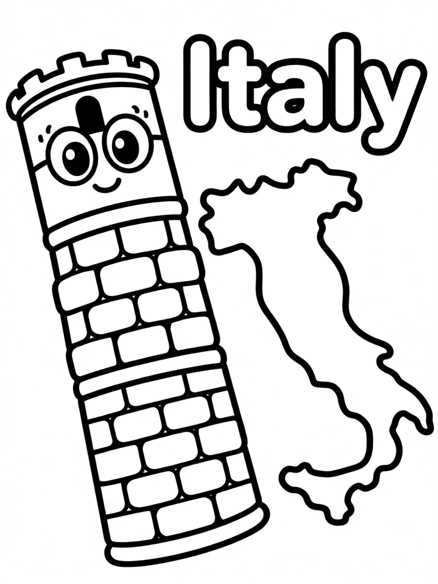 A cute leaning tower, a simple outline map of Italy, and the word "Italy"