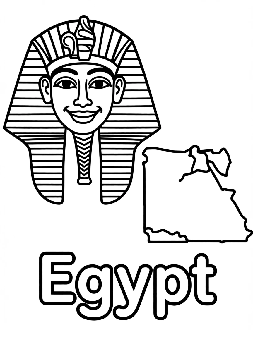 A happy pharaoh mask, a simple outline map of Egypt, and the word "Egypt"
