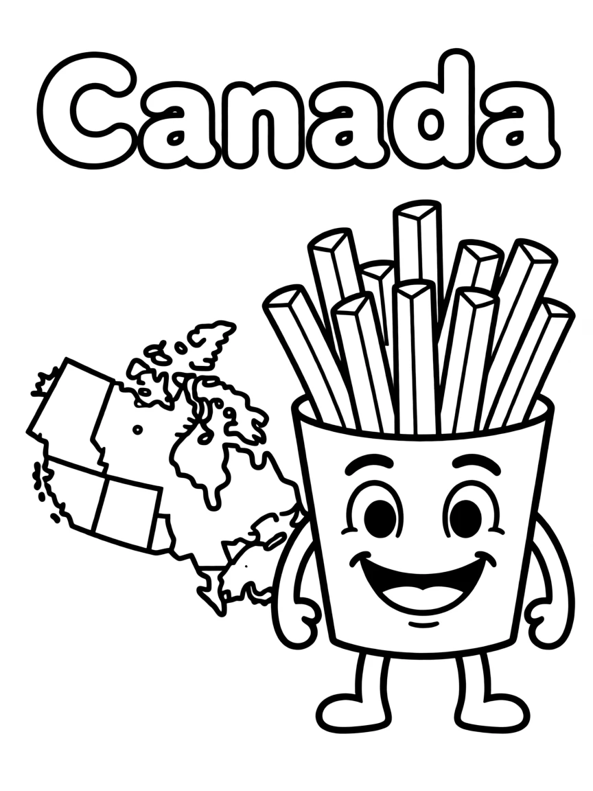 A friendly poutine, a simple outline map of Canada, and the word "Canada"