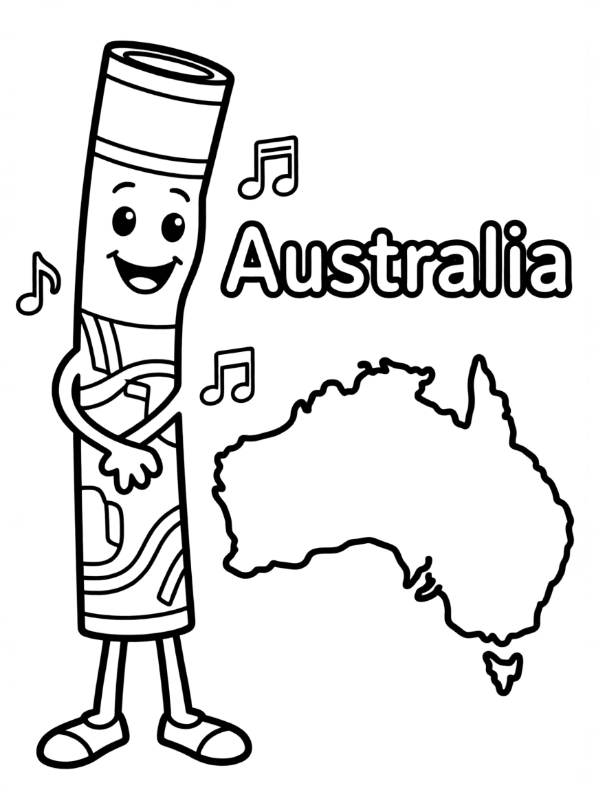 A happy didgeridoo, a simple outline map of Australia, and the word "Australia"