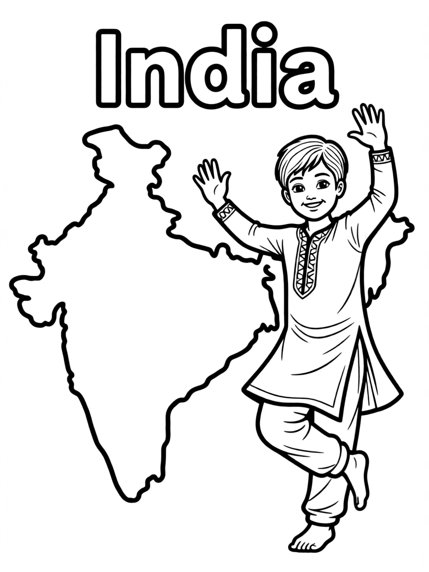 A friendly Bollywood dancer, a simple outline map of India, and the word "India"