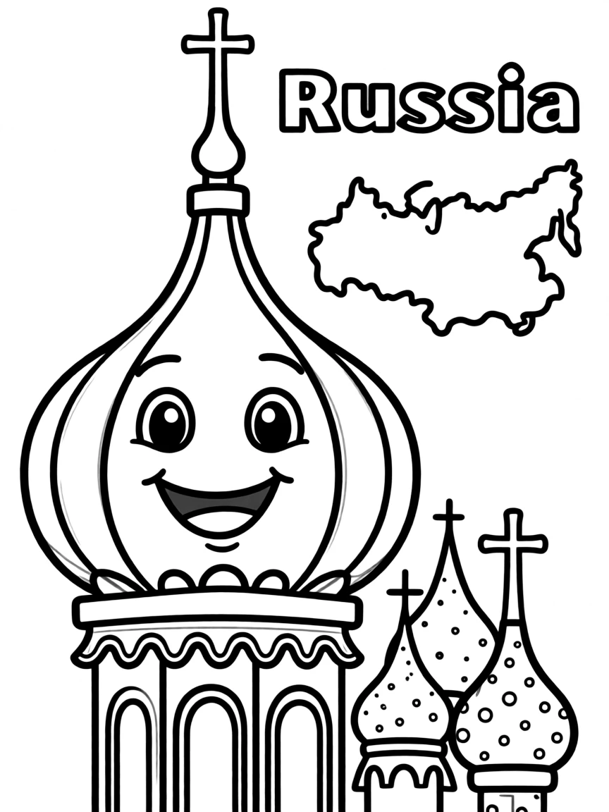 A happy onion dome, a simple outline map of Russia, and the word "Russia"