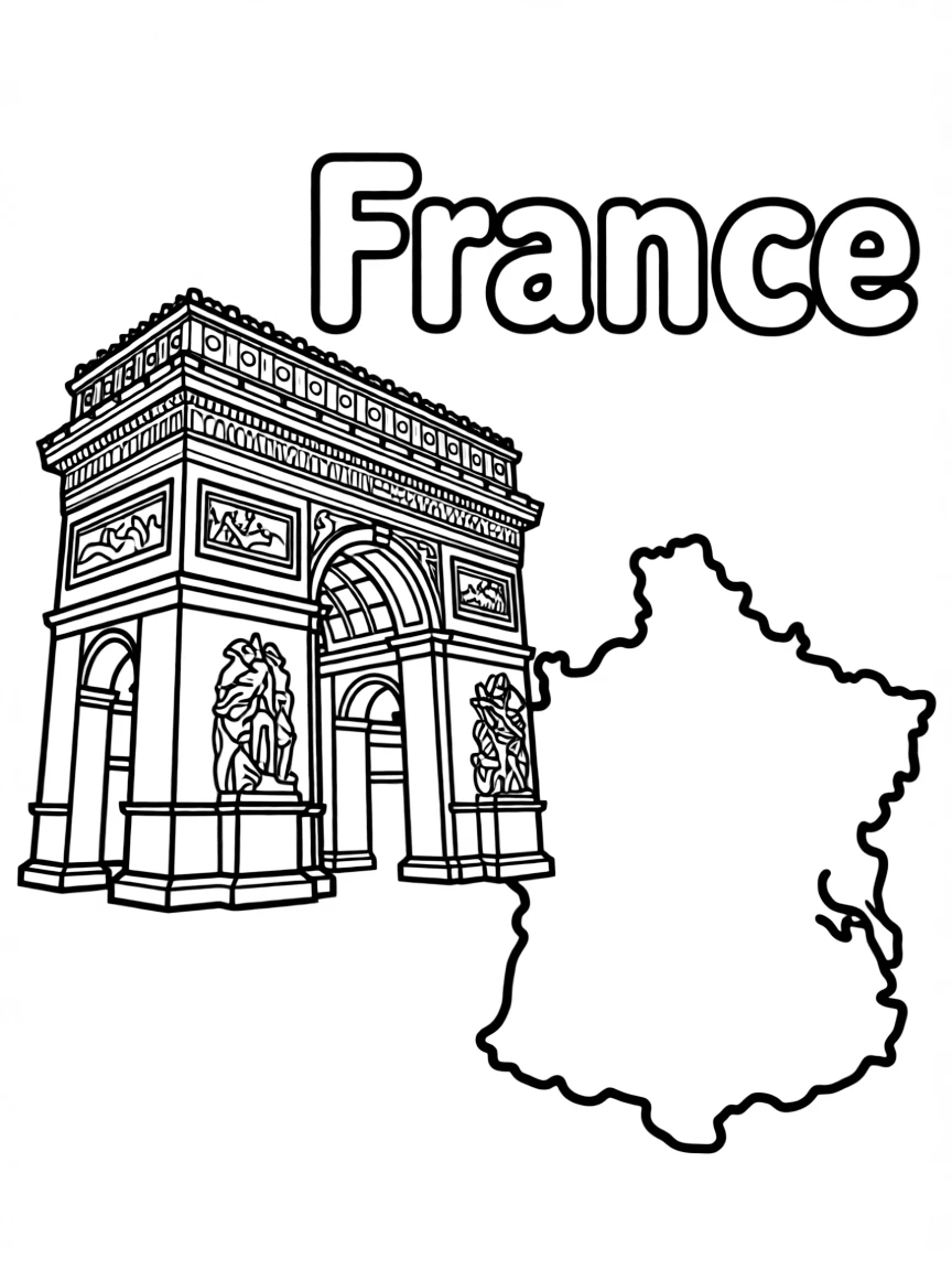 A small Arc de Triomphe, a simple outline map of France, and the word "France"