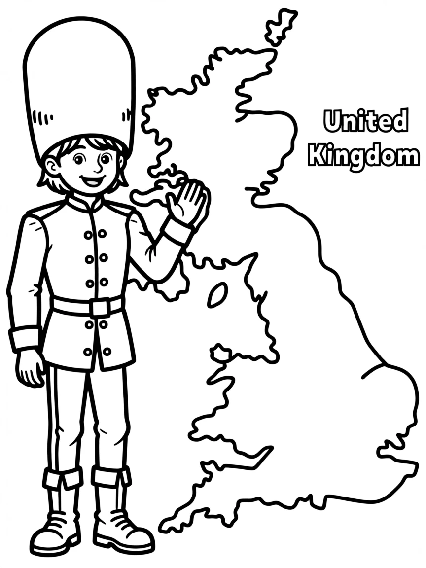 A friendly guard, a simple outline map of United Kingdom, and the word "United Kingdom"