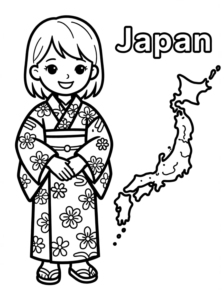 A cute kimono, a simple outline map of Japan, and the word "Japan"