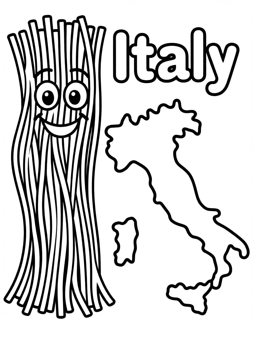 A happy spaghetti, a simple outline map of Italy, and the word "Italy"
