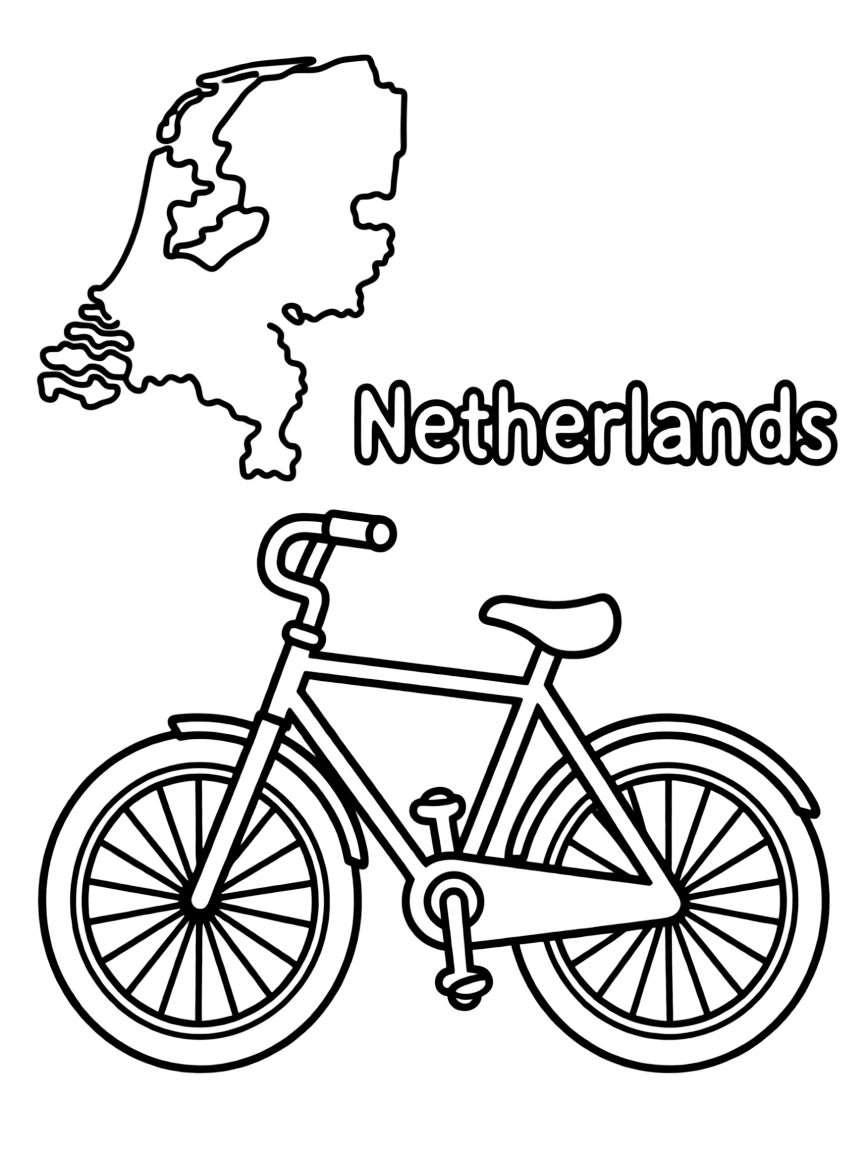 A friendly bicycle, a simple outline map of Netherlands, and the word "Netherlands"