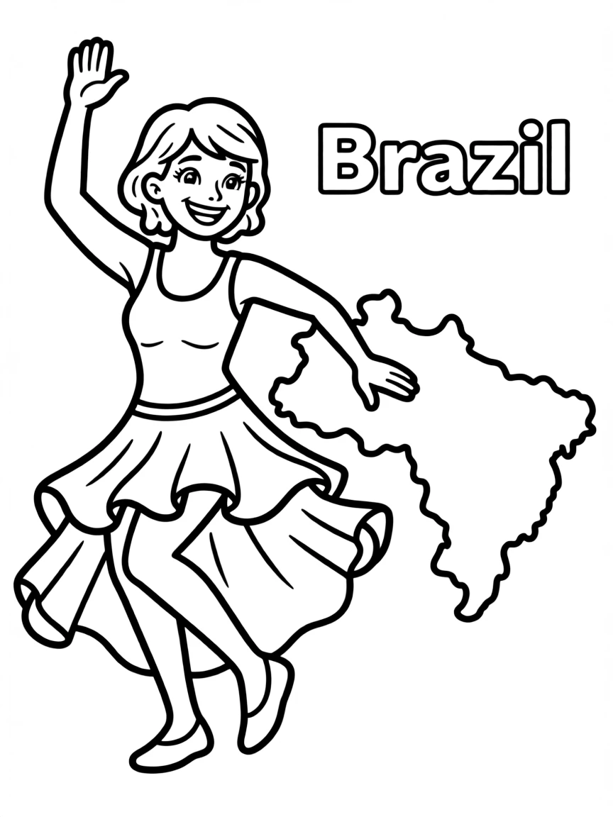 A happy samba dancer, a simple outline map of Brazil, and the word "Brazil"