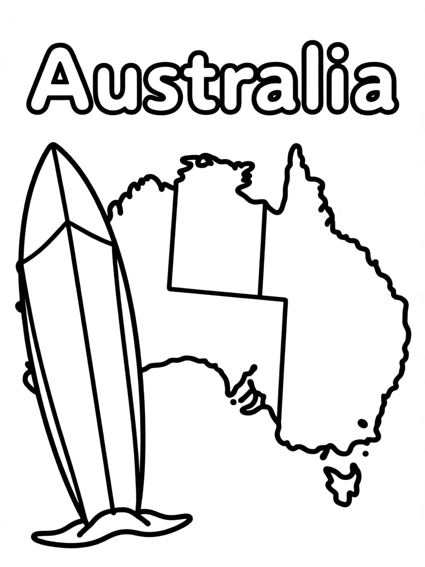 A small surf board, a simple outline map of Australia, and the word "Australia"