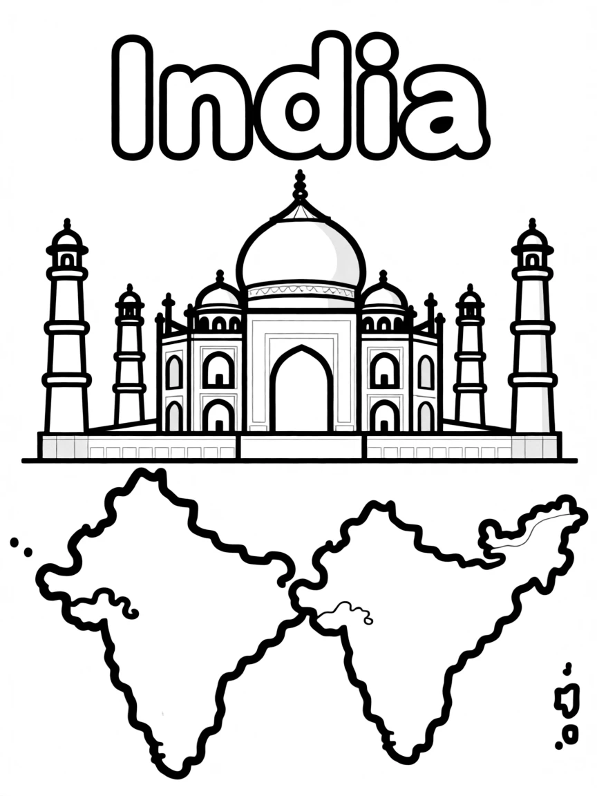 A cute Taj Mahal, a simple outline map of India, and the word "India"