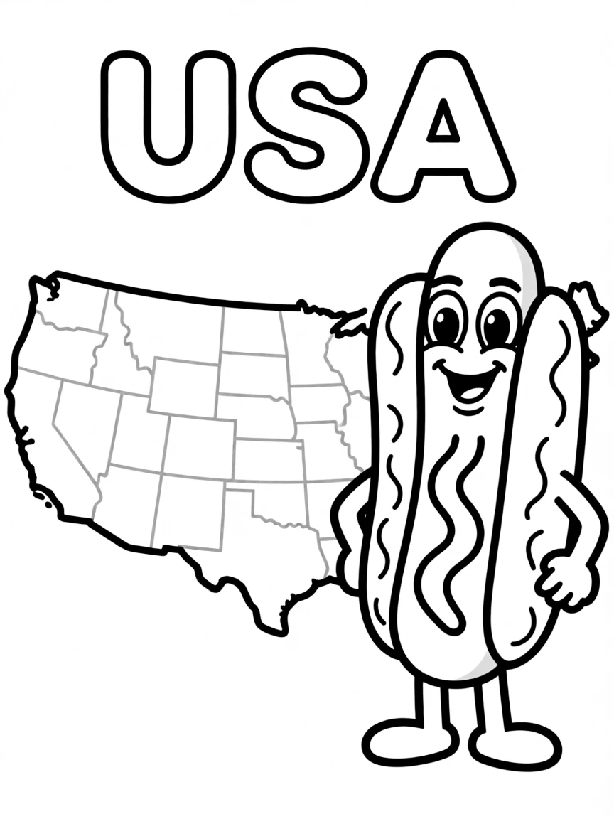 A happy hot dog, a simple outline map of USA, and the word "USA"