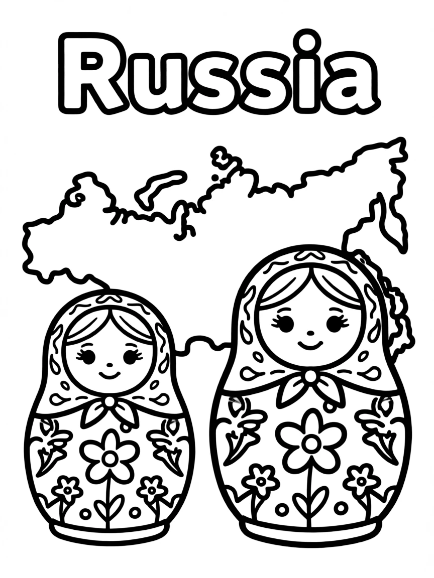 A small nesting doll, a simple outline map of Russia, and the word "Russia"