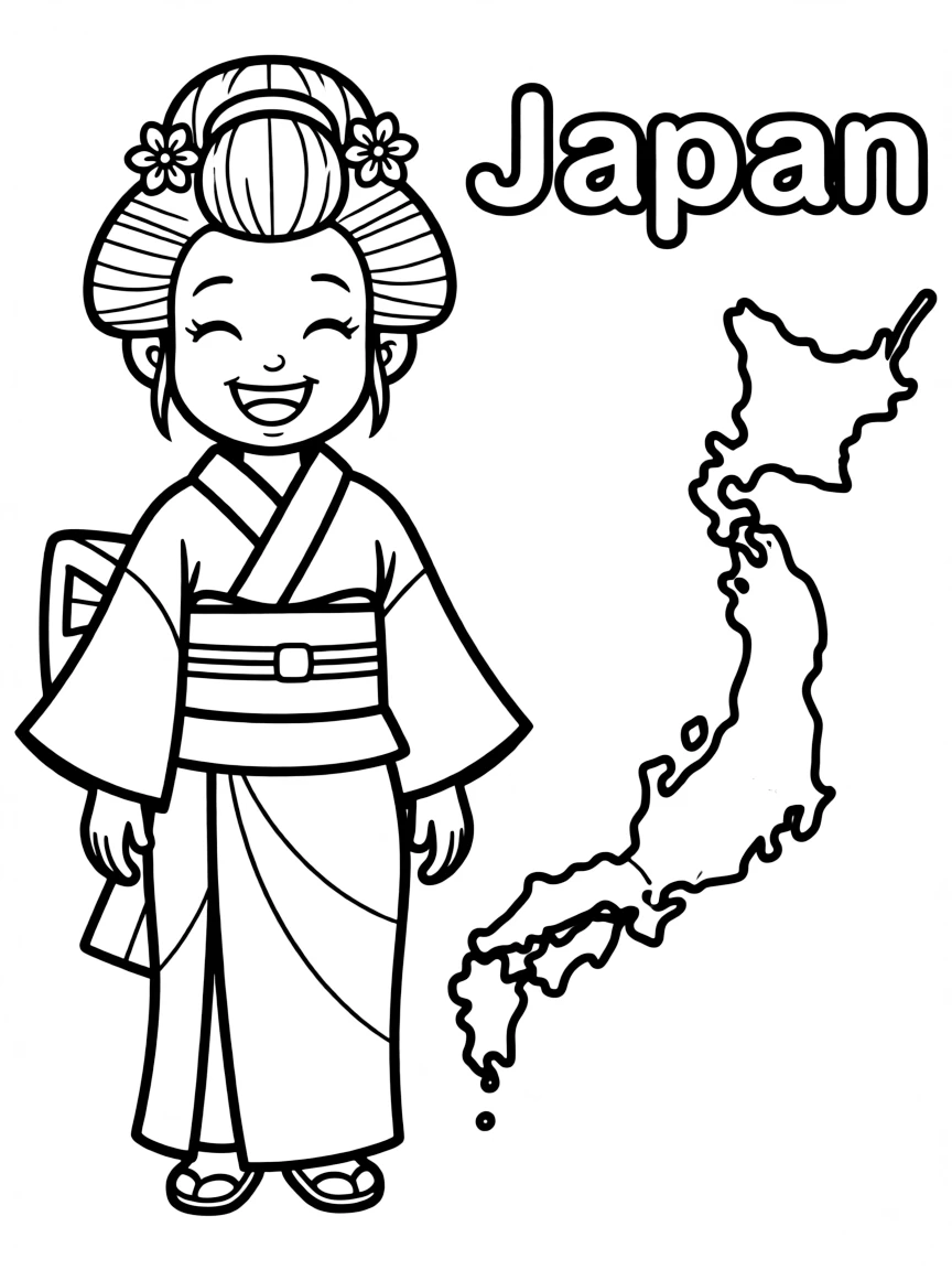 A happy geisha, a simple outline map of Japan, and the word "Japan"