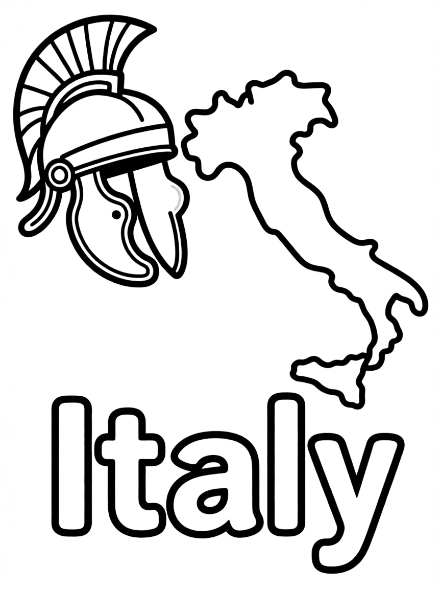 A small Roman helmet, a simple outline map of Italy, and the word "Italy"