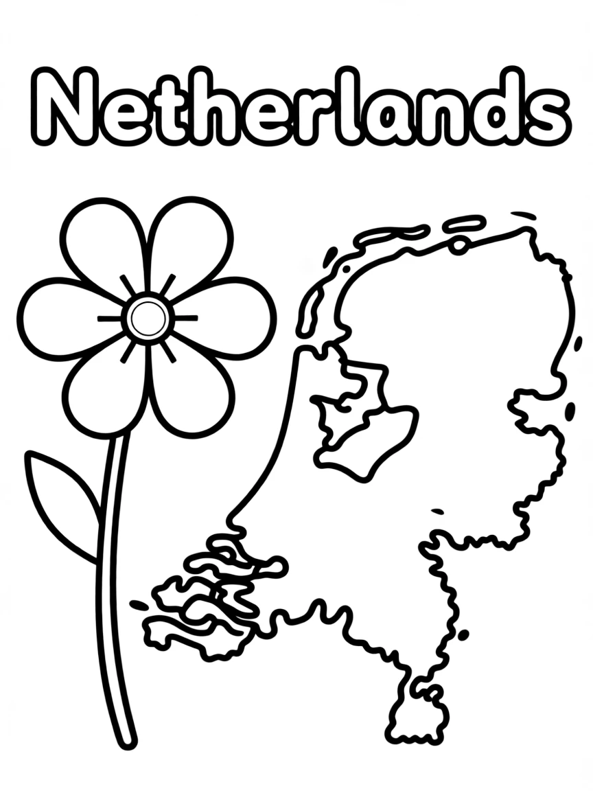 A cute flower, a simple outline map of Netherlands, and the word "Netherlands"