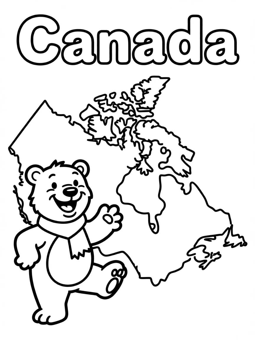 A happy polar bear, a simple outline map of Canada, and the word "Canada"