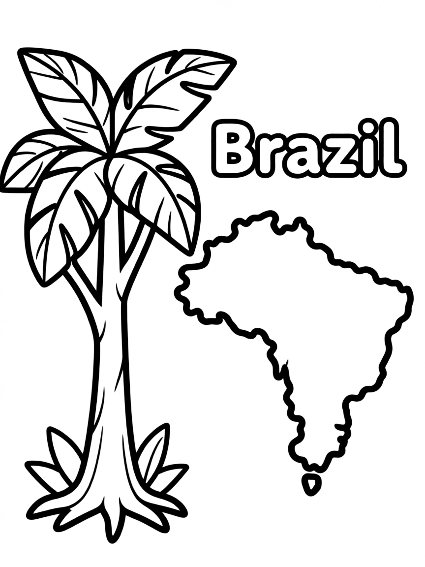 A small rainforest tree, a simple outline map of Brazil, and the word "Brazil"