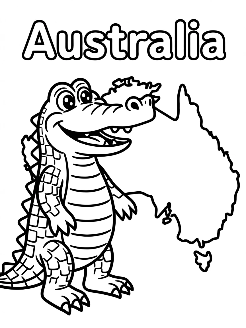 A friendly crocodile, a simple outline map of Australia, and the word "Australia"