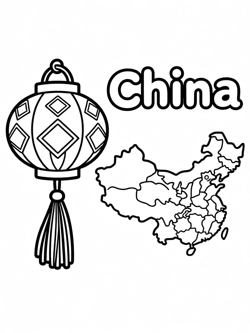 A cute lantern, a simple outline map of China, and the word "China"