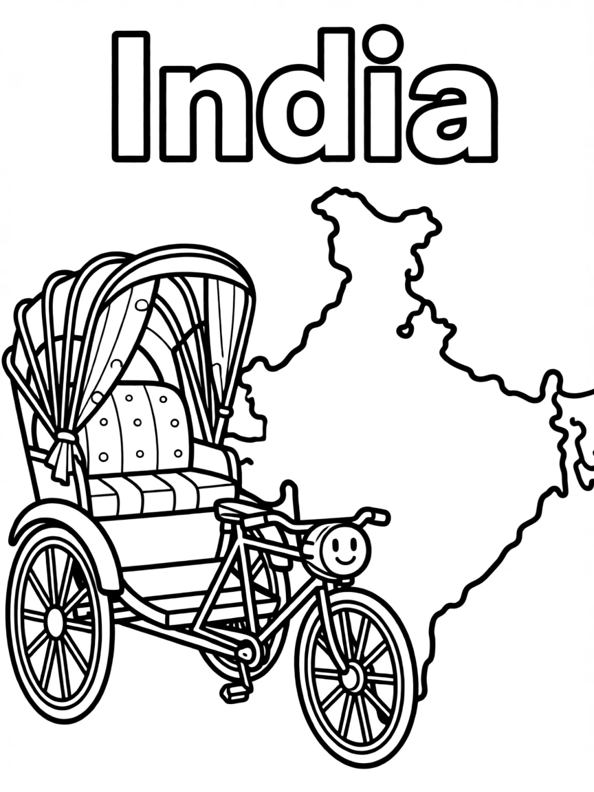 A happy rickshaw, a simple outline map of India, and the word "India"