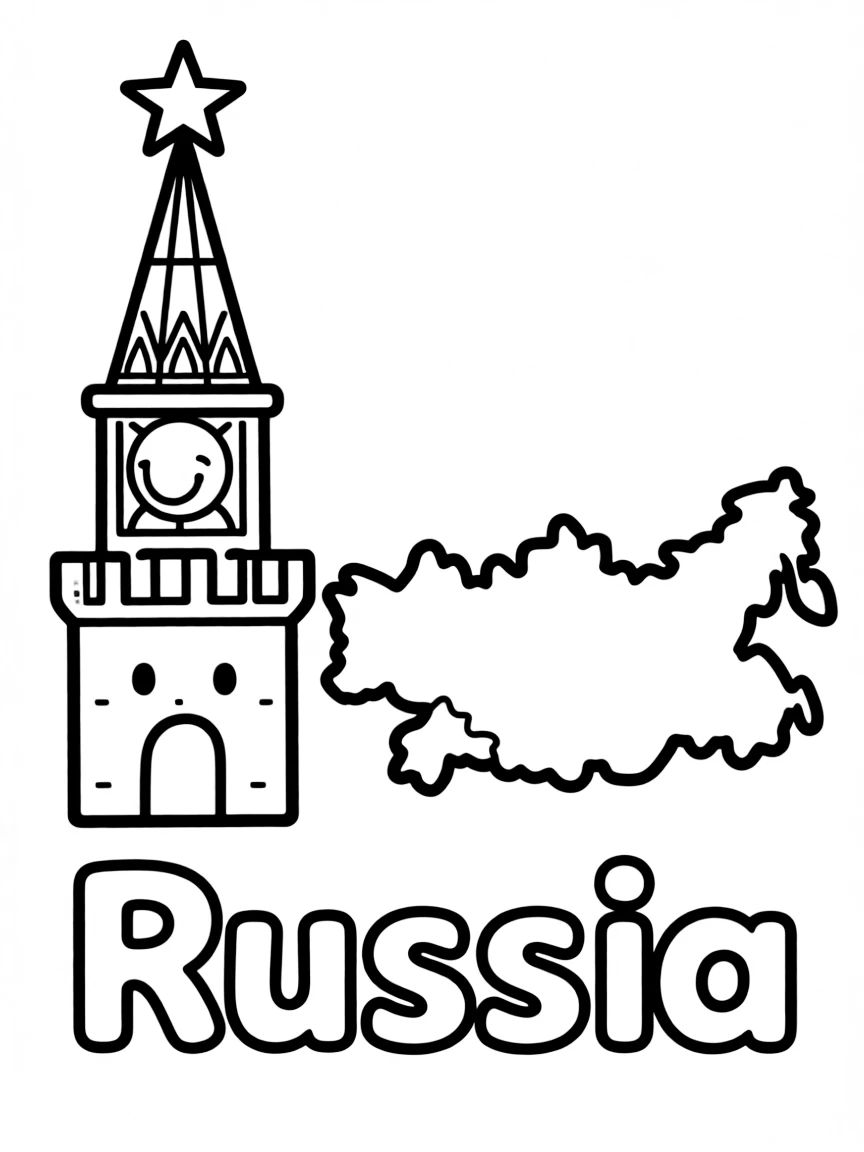 A friendly Kremlin, a simple outline map of Russia, and the word "Russia"