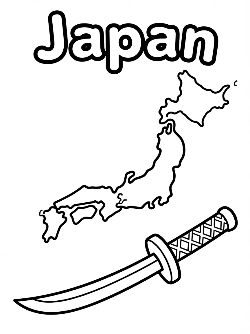 A small samurai sword, a simple outline map of Japan, and the word "Japan"