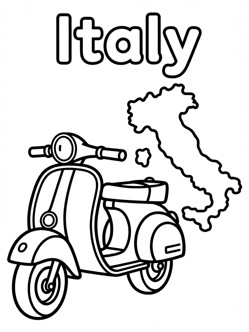 A friendly Vespa, a simple outline map of Italy, and the word "Italy"