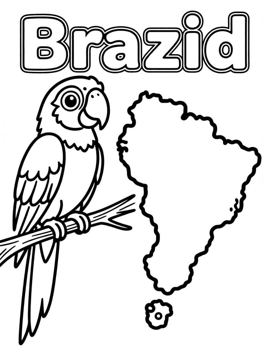 A friendly macaw, a simple outline map of Brazil, and the word "Brazil"