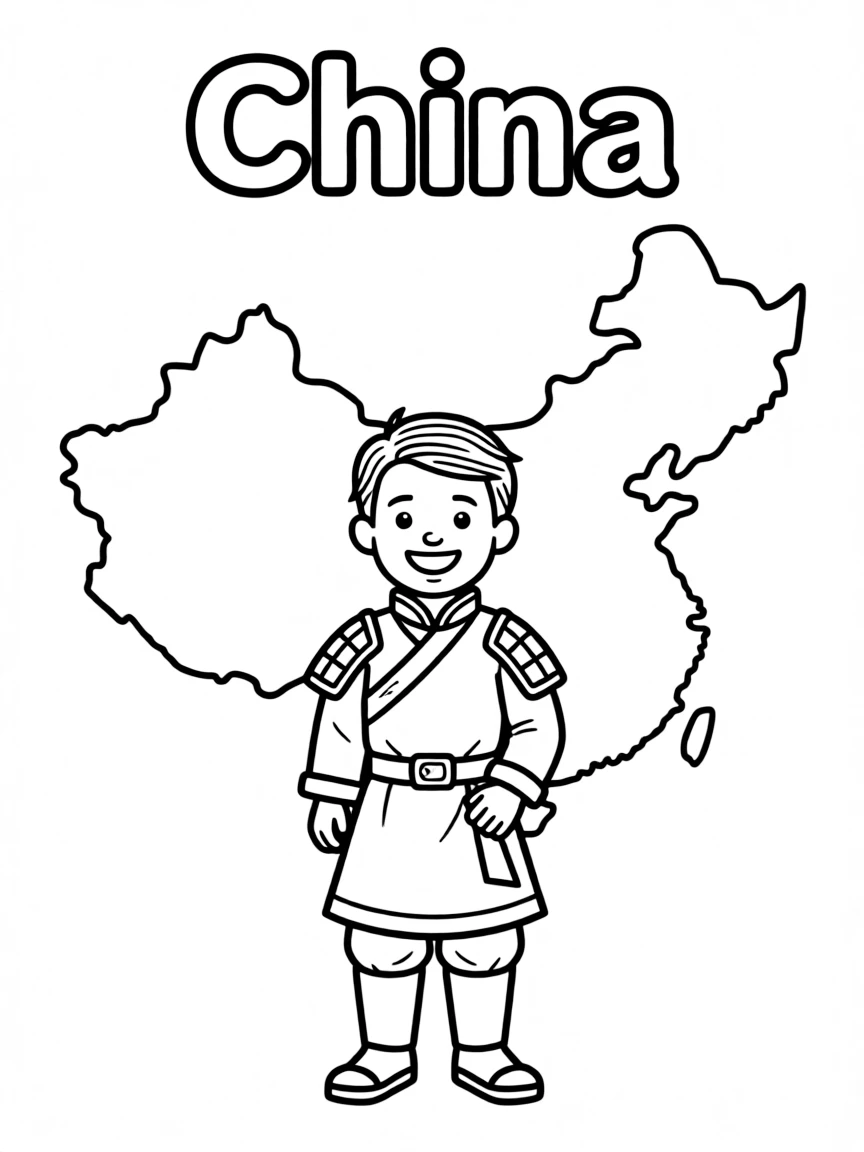 A happy terracotta warrior, a simple outline map of China, and the word "China"