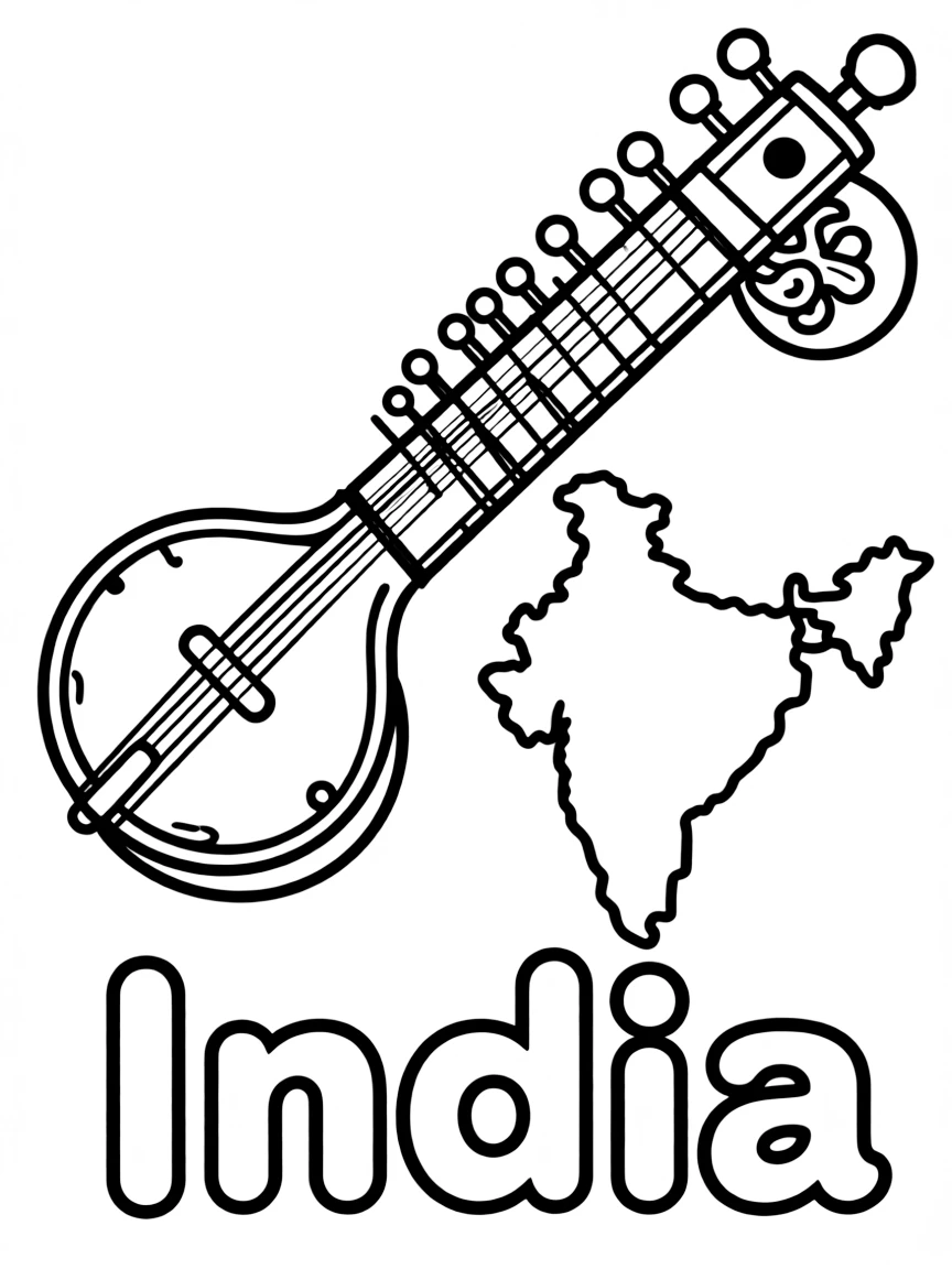 A small sitar, a simple outline map of India, and the word "India"
