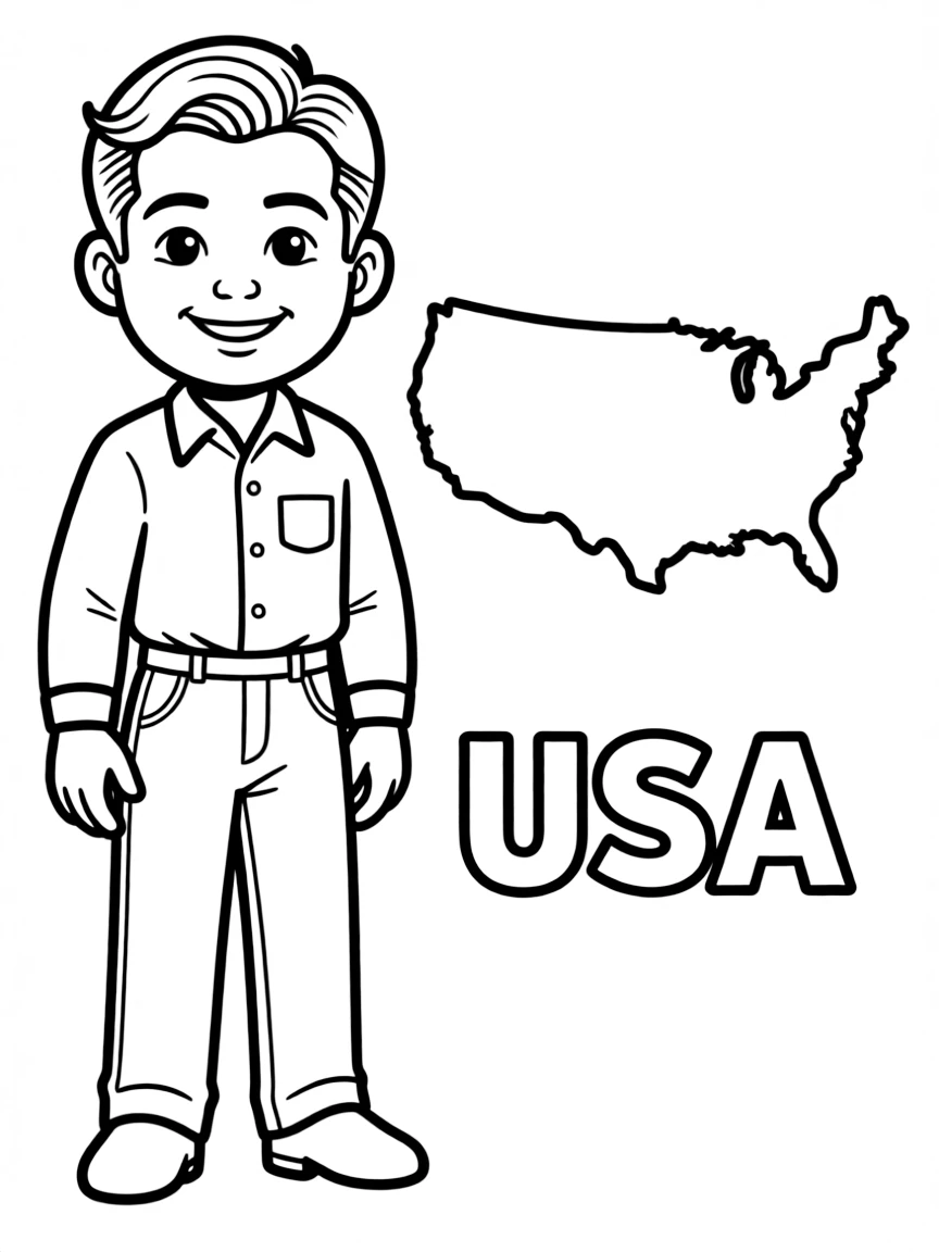 A friendly Hollywood star, a simple outline map of USA, and the word "USA"