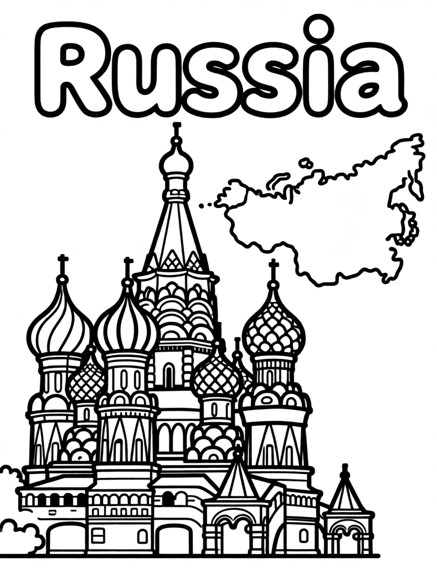 A cute St. Basil's Cathedral, a simple outline map of Russia, and the word "Russia"