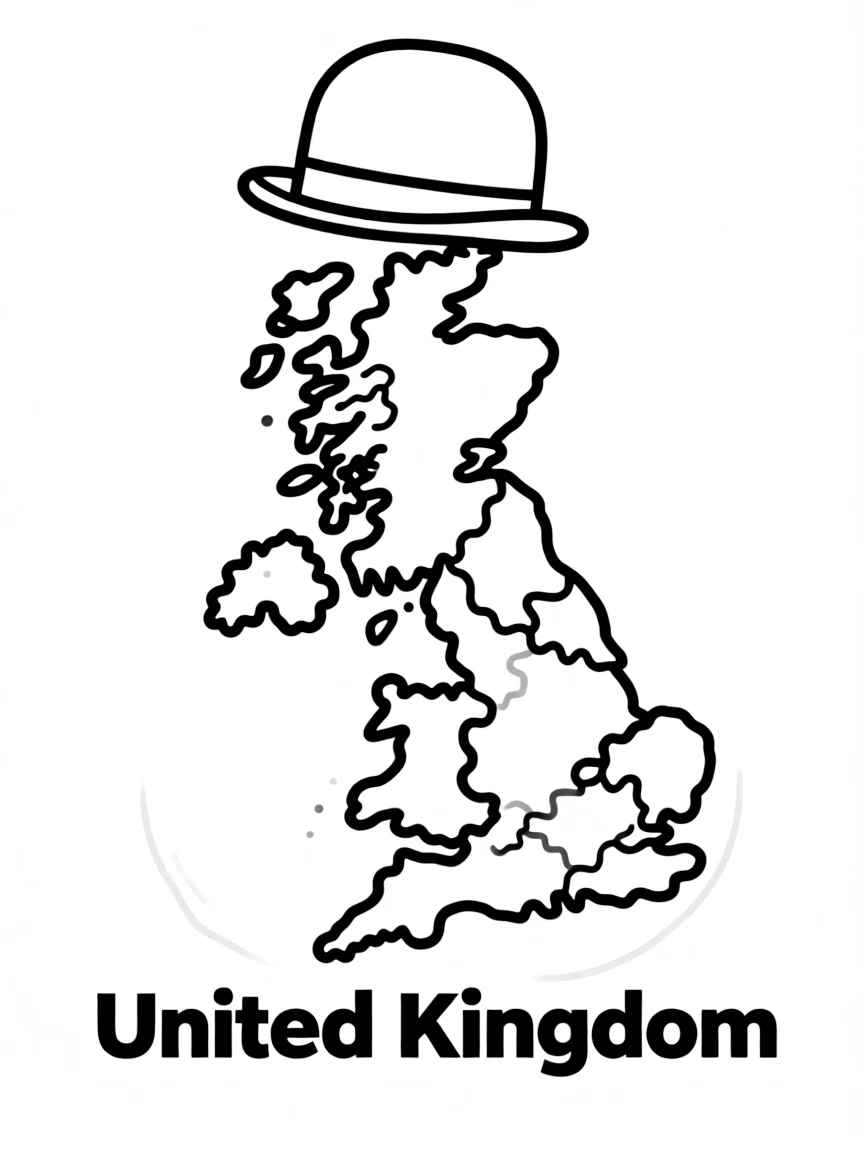 A small bowler hat, a simple outline map of United Kingdom, and the word "United Kingdom"