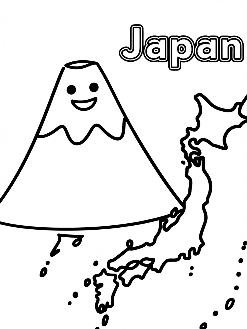A friendly Mount Fuji, a simple outline map of Japan, and the word "Japan"
