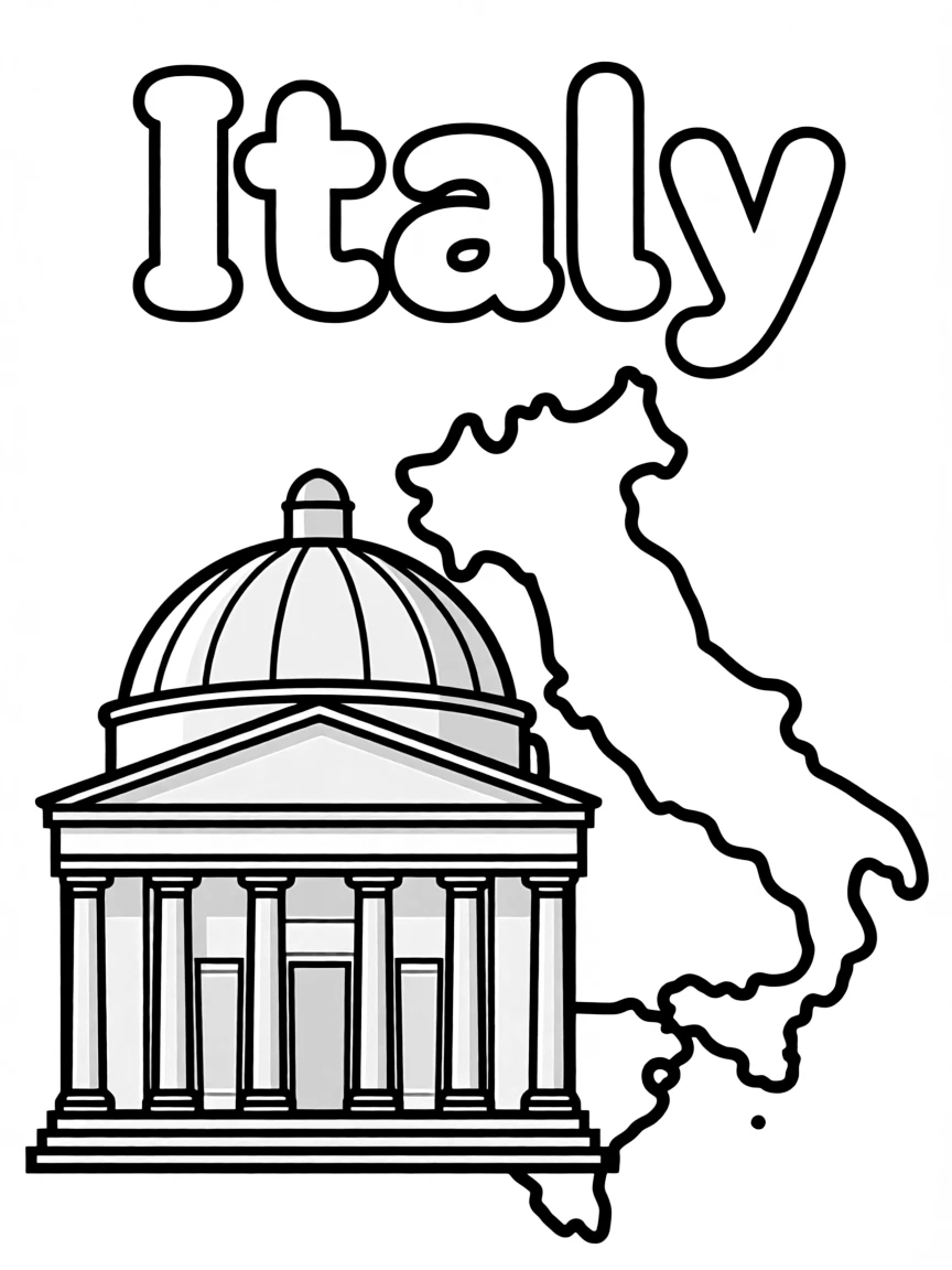 A cute Pantheon, a simple outline map of Italy, and the word "Italy"