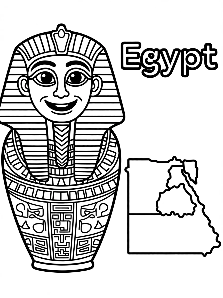 A happy sarcophagus, a simple outline map of Egypt, and the word "Egypt"