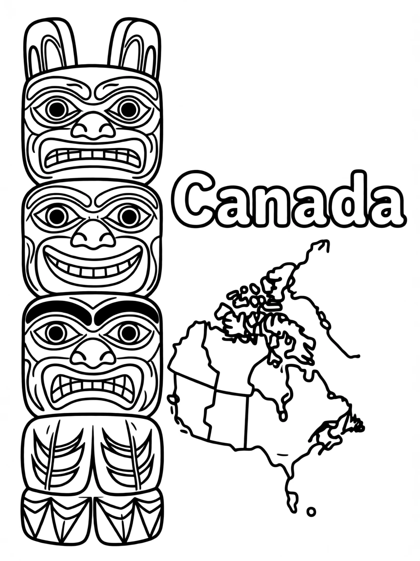 A friendly totem pole, a simple outline map of Canada, and the word "Canada"