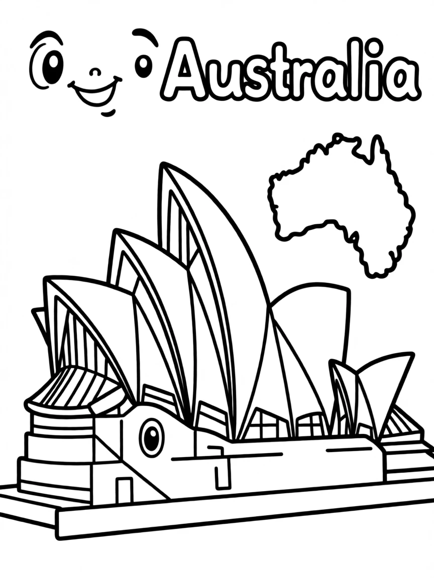 A happy Sydney Opera House, a simple outline map of Australia, and the word "Australia"
