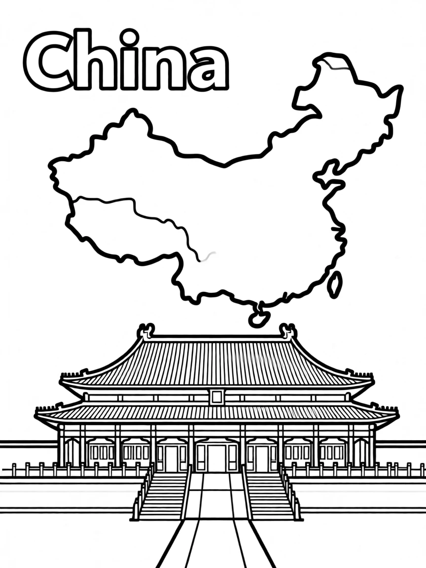 A small Forbidden City, a simple outline map of China, and the word "China"
