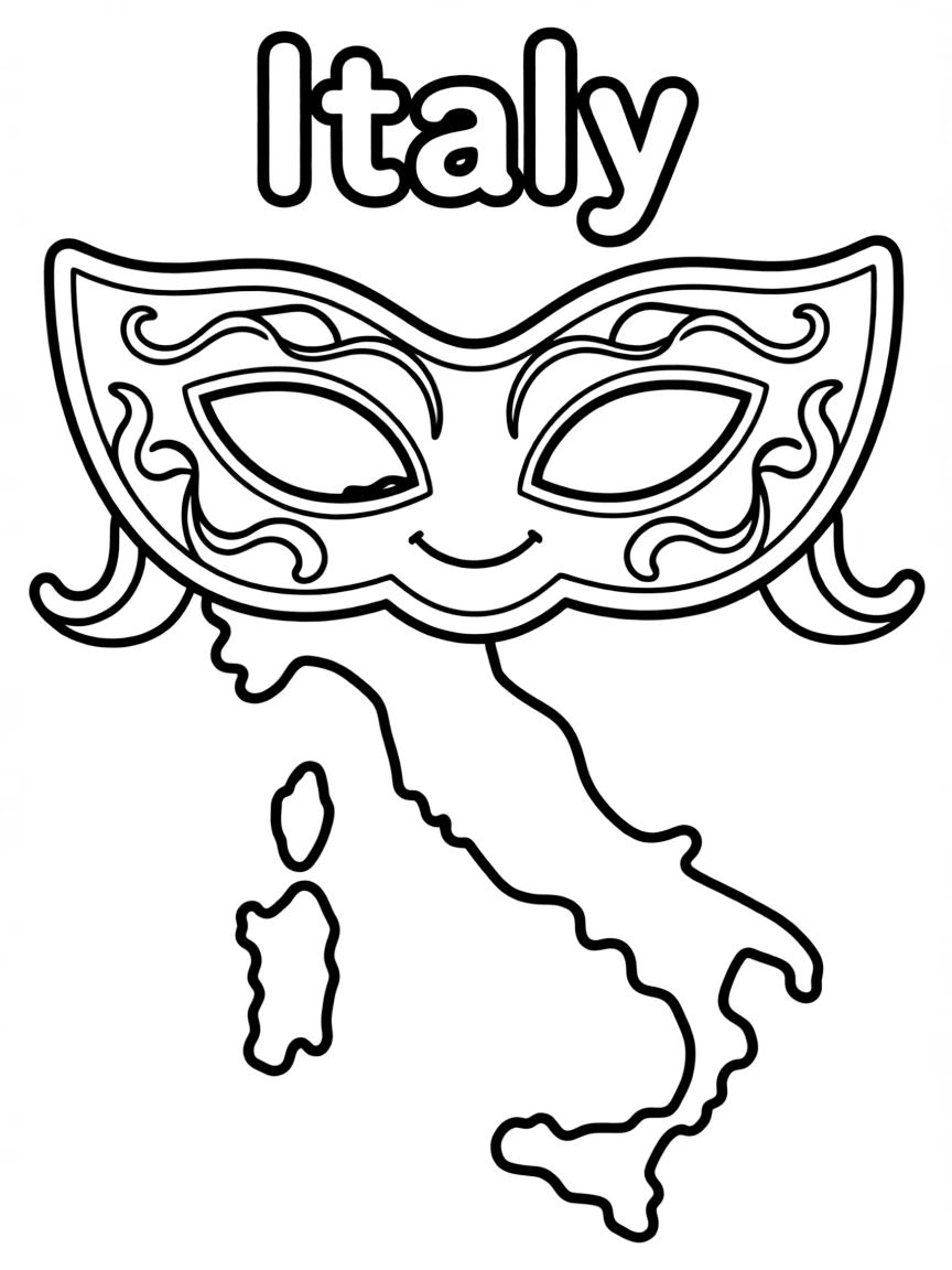 A happy Venetian mask, a simple outline map of Italy, and the word "Italy"