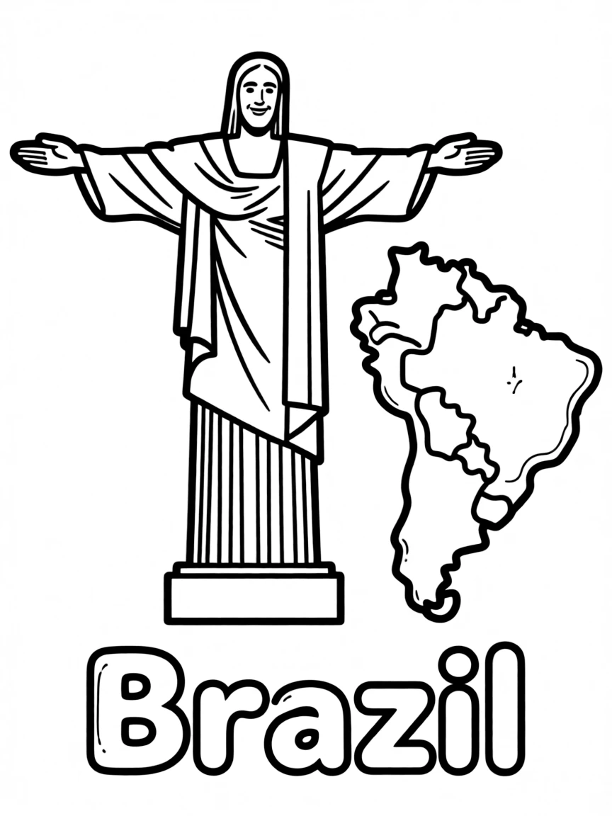 A happy Christ the Redeemer, a simple outline map of Brazil, and the word "Brazil"