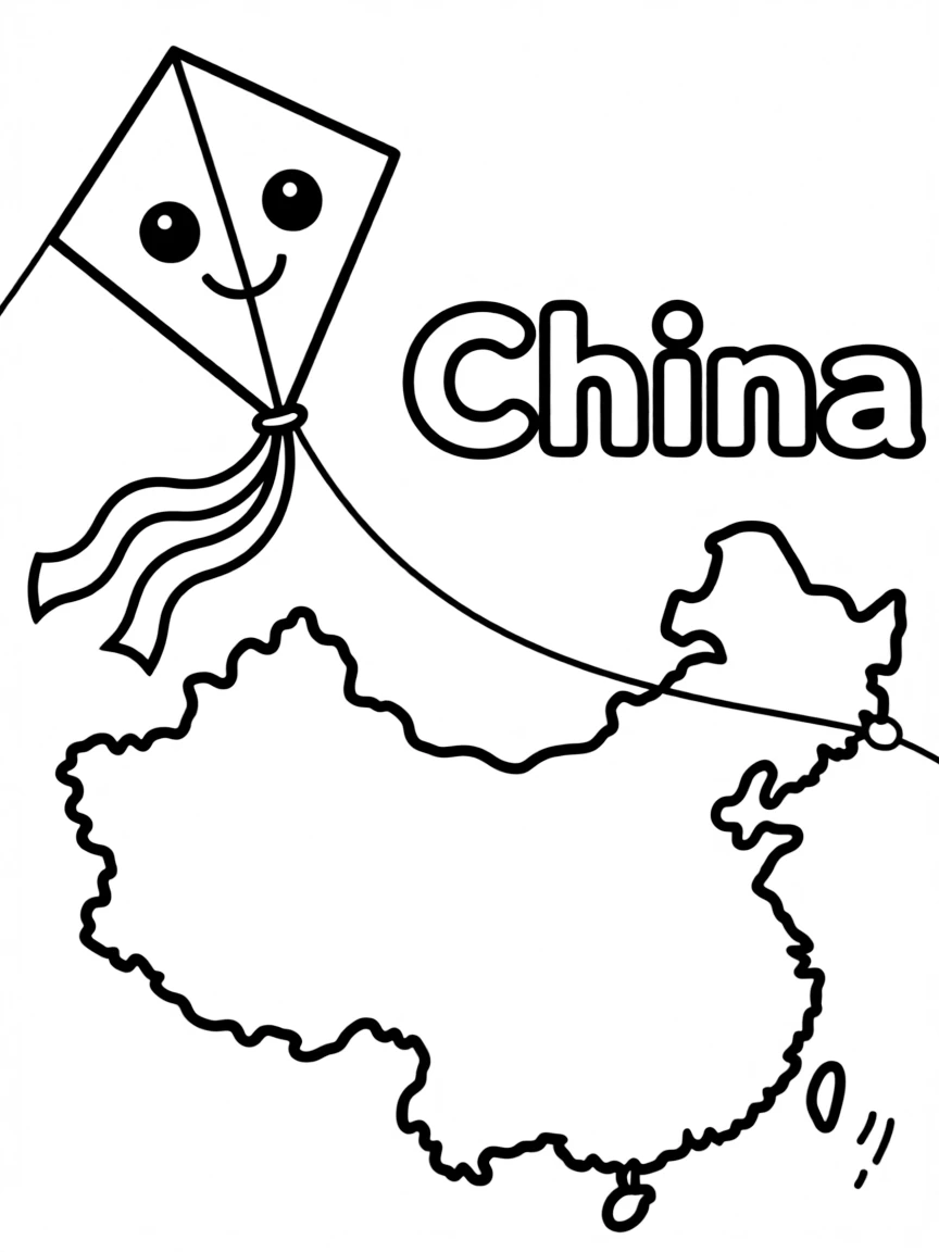 A friendly kite, a simple outline map of China, and the word "China"