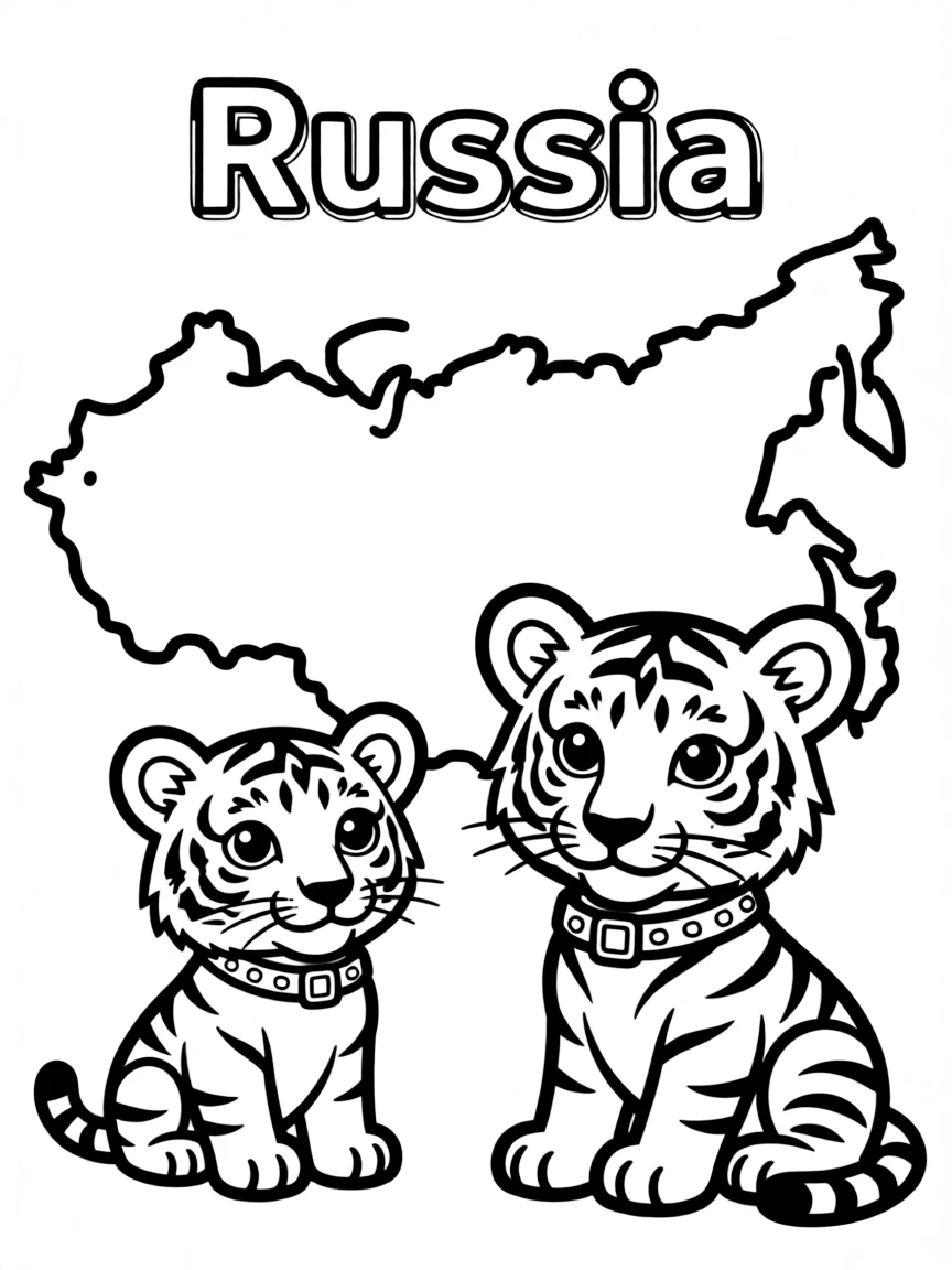 A small Siberian tiger, a simple outline map of Russia, and the word "Russia"