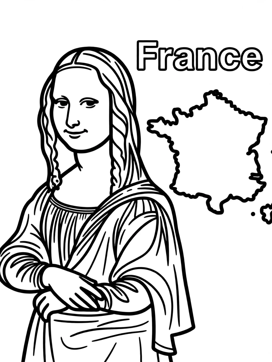 A friendly Mona Lisa, a simple outline map of France, and the word "France"